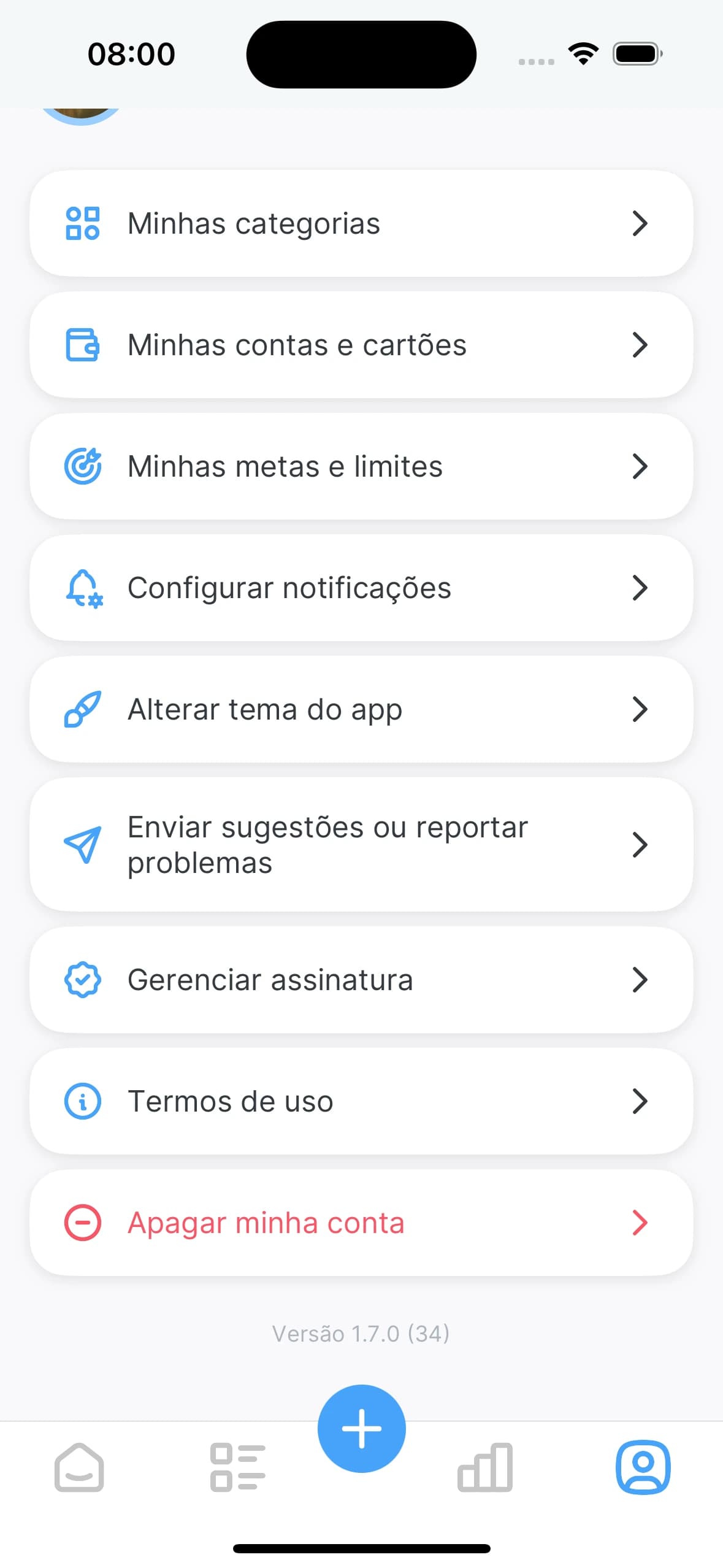 Tela de Configurações do app Dinzo