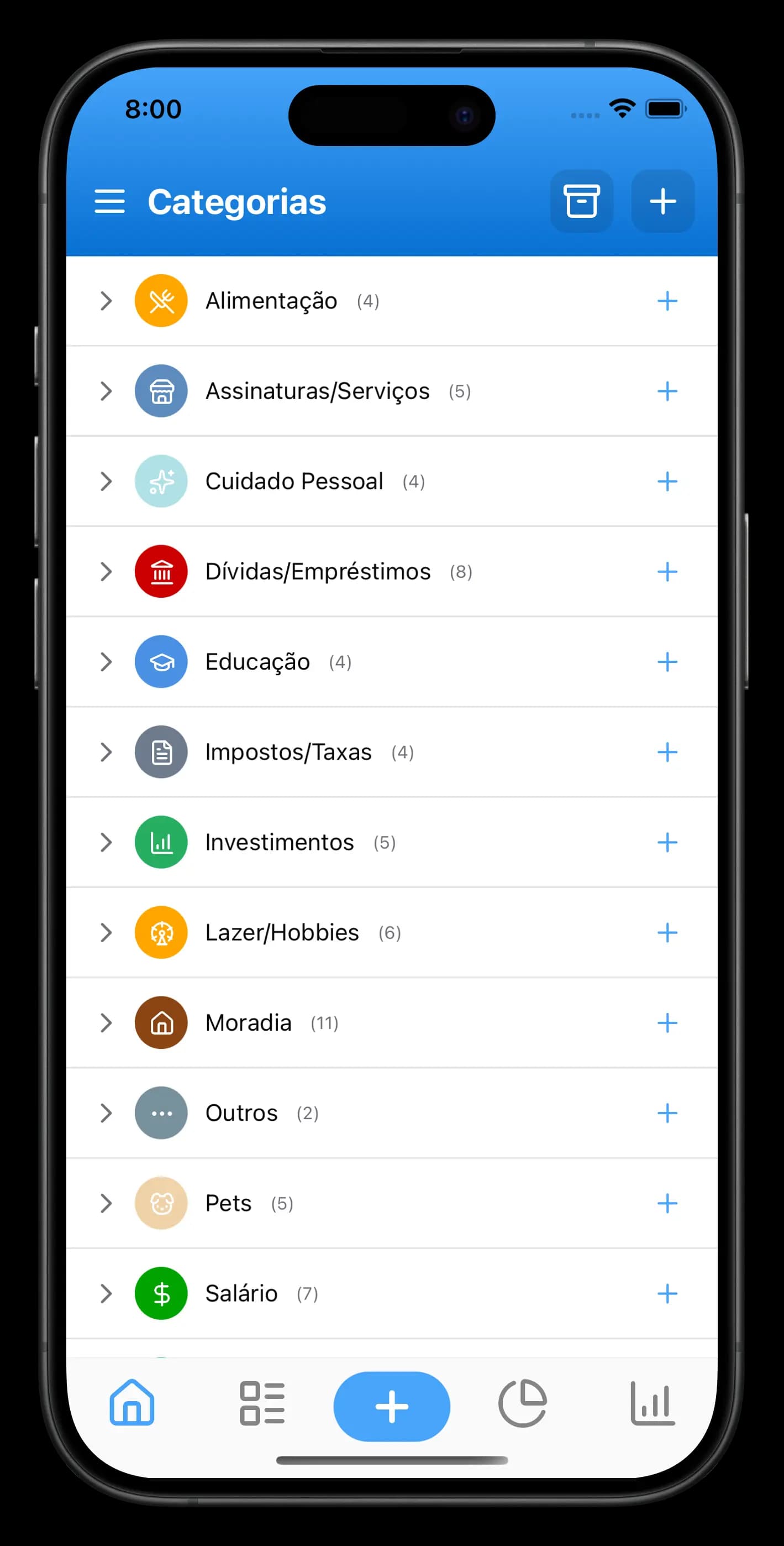 Tela de Categorias do app Dinzo