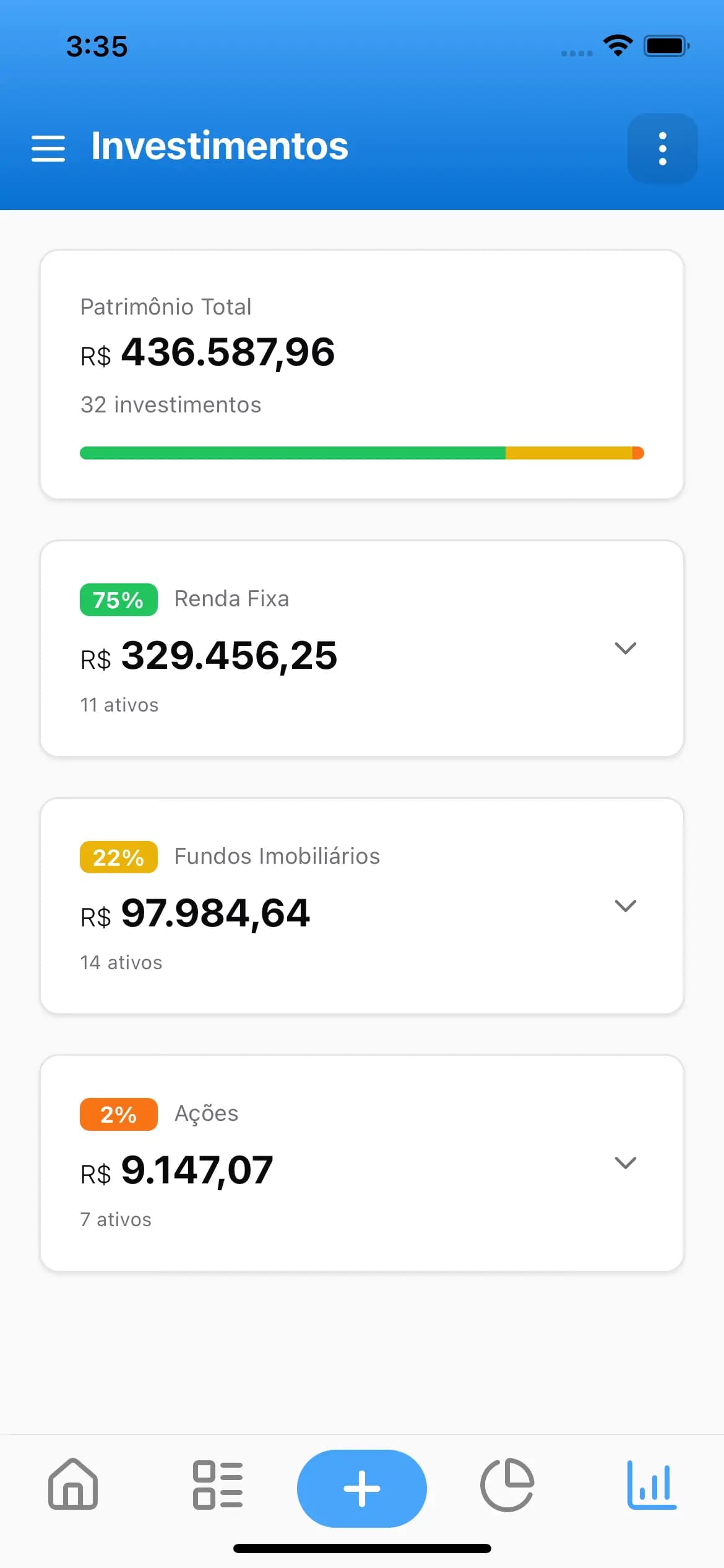 Tela de Investimentos do app Dinzo