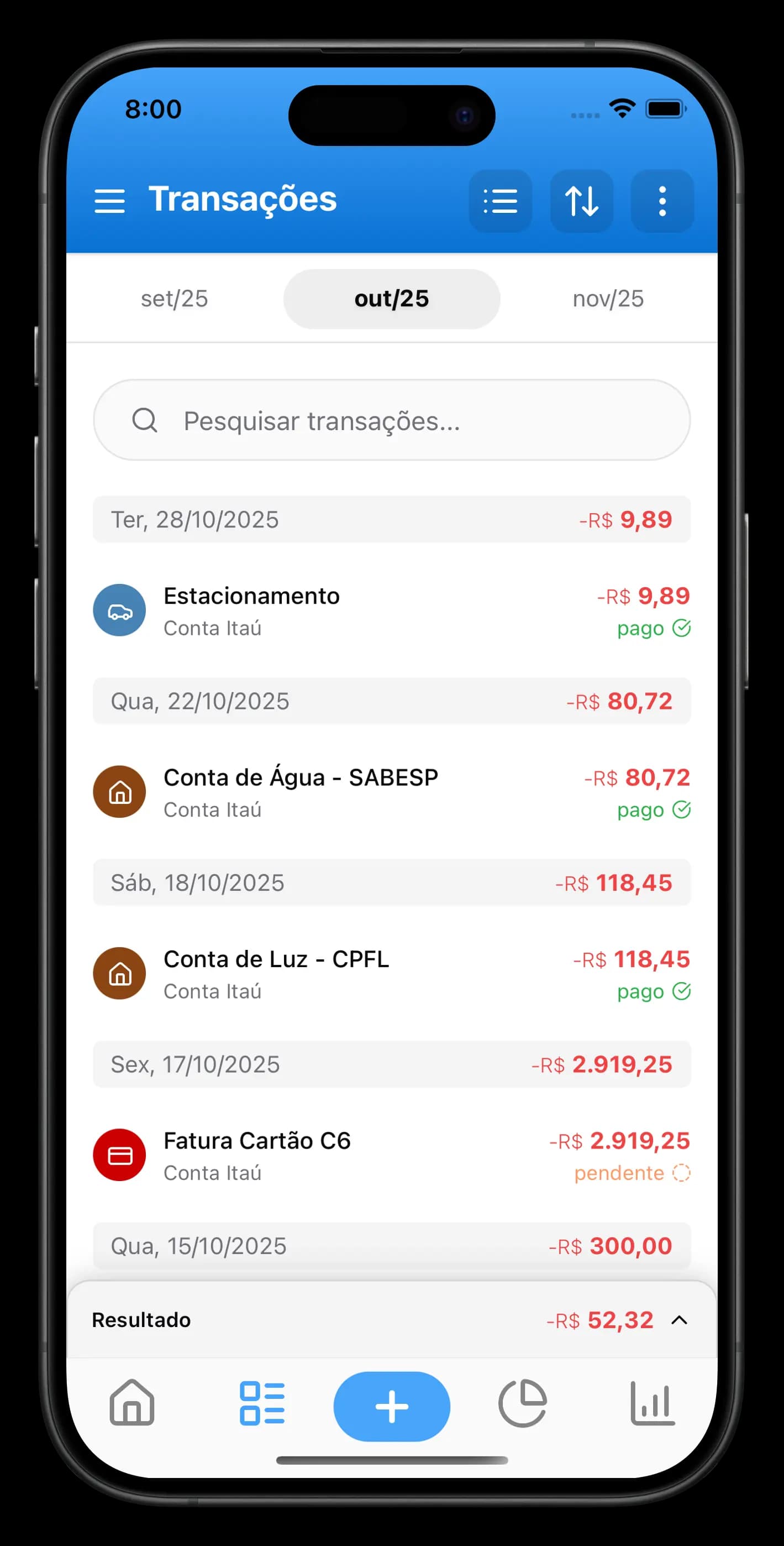 Tela de Transações do app Dinzo