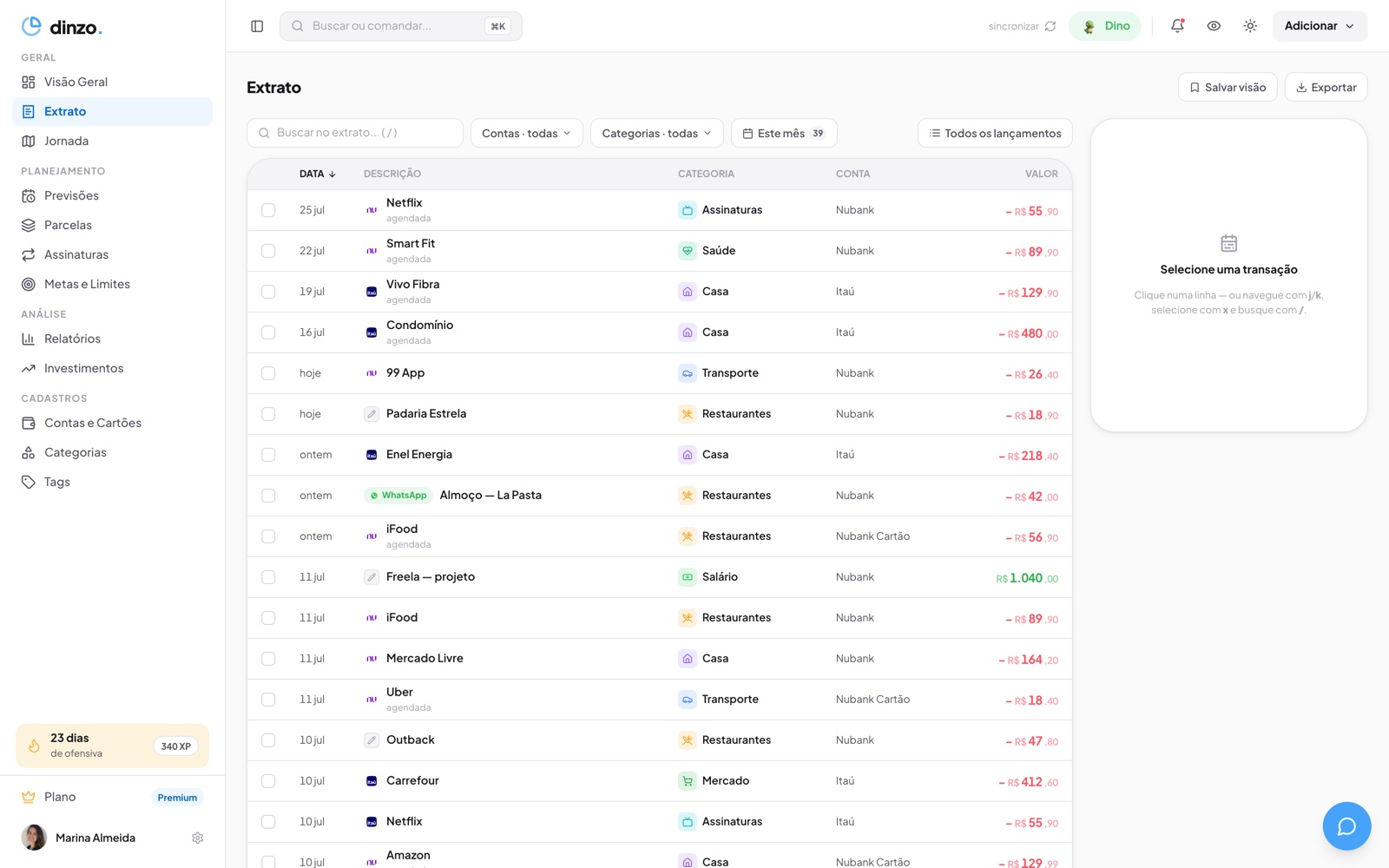 Dashboard web do Dinzo — Extrato