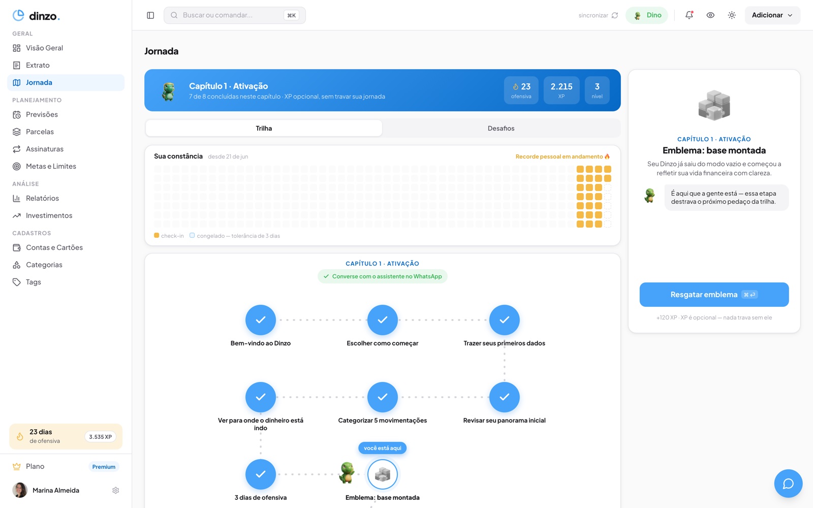 Dashboard web do Dinzo — Jornada
