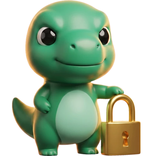 Dino ao lado de um cadeado dourado, segurança do Open Finance